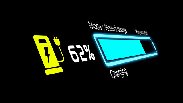 Colorful electric vehicle car charging battery indicating progress of the increasing with percentage show fill up to 100%