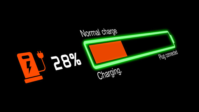 Colorful electric vehicle car charging battery indicating progress of the increasing with percentage show fill up to 100%