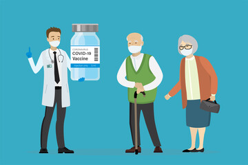 Caucasian doctor with coronavirus vaccine. Happy elderly patients, vaccination of population, stop Covid-19. Old people in protective masks.