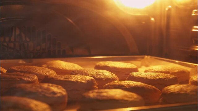 4K Timelapse of baking scone in bakery oven with high temperature at the kitchen. Homemade of baking process of scone in the oven.