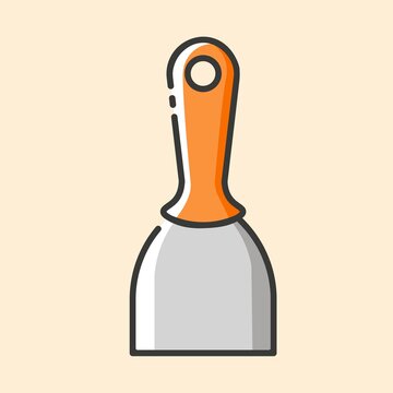 recommend clip art: Flexible putty knife with orange plastic handle. Vector outline color flat icon on yellow background. Hand construction tool for renovation work.