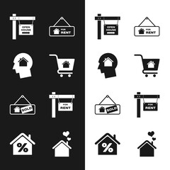 Set Shopping cart with house, Man dreaming about buying, Hanging sign Open, For Rent, Sold, House heart shape and percant icon. Vector
