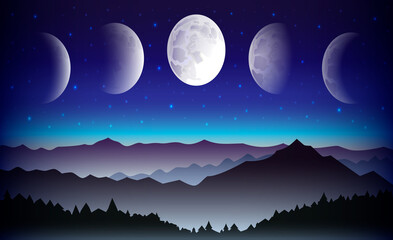 Naklejka premium landscape with mountains and moon phases, full moon and month