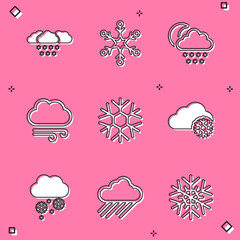 Set Cloud with snow, Snowflake, and moon, Windy weather, and icon. Vector