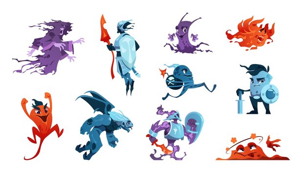 Cartoon game monsters. Alien creatures and mascot characters. Boss of enemies and beasts. Gaming design elements set. Fairy knights or creepy ghosts with evil faces. Vector scary mutants