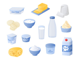 Dairy products. Cartoon bottles and glasses of milk. Cheese or butter. Jars of yogurt and cream. Fresh organic meal collection. Natural ingredients. Vector healthy everyday food set