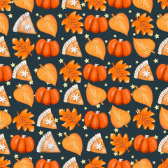 Thanksgiving Day seamless pattern. Fall theme. Repeat background with autumn leaves, pumpkins, pies, cookies, autumn fruits, turkeys.
