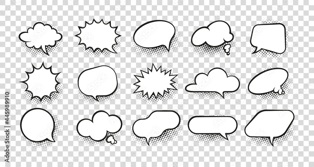 Poster Cartoon speech bubble. Comic retro dialog form and splash bam pow effect. Surprise or explosion symbols. Isolated stylized communication white drawing mockup. Vector message elements set