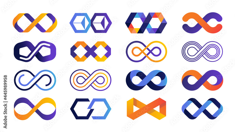 Poster infinite logo. colored mobius ribbon and eternity geometric symbols. blue and orange limitless busin