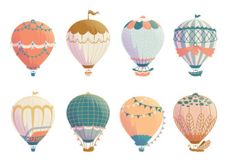 Retro air balloon. Vintage airships with hot airy sphere, ballast and baskets. Old style flight tourism. Stripped sky transport template. Flying aerostat. Vector adventure vehicle set