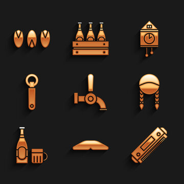 Set Beer tap, Homemade pie, Harmonica, Braid, bottle and glass, Bottle opener, Retro wall watch and Pistachio nuts icon. Vector