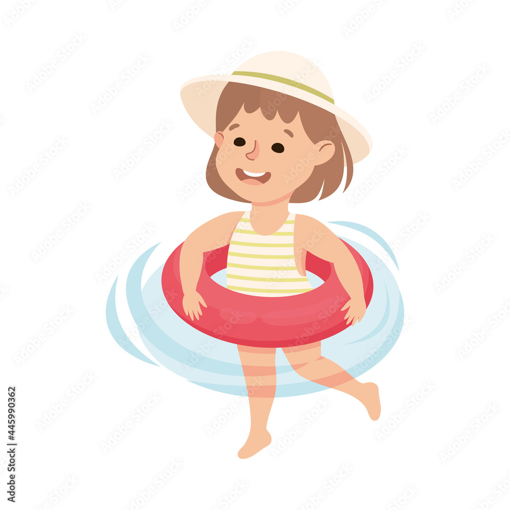 Wall mural little girl in swimsuit swimming with inflatable rubber ring vector illustration