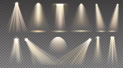 Light beam. Realistic scene and stage spotlight. Isolated golden projector ray. Yellow transparent lamp and sun glitter effect. Glowing luminaire. Vector illumination templates set