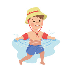 Little Boy in Hat Swimming with Inflatable Armband Vector Illustration