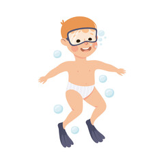 Obraz premium Little Boy in Goggles and Flippers Swimming Underwater with Bubbles Vector Illustration
