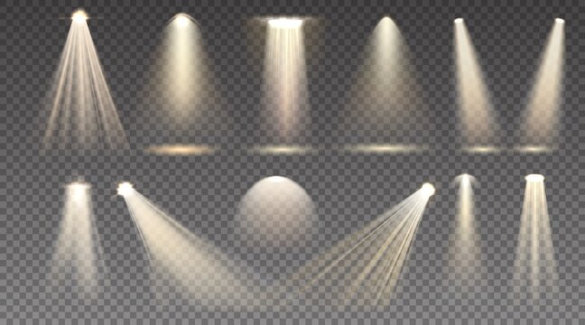 Light beam. Realistic scene and stage spotlight. Isolated golden projector ray. Yellow transparent lamp and sun glitter effect. Glowing luminaire. Vector illumination templates set