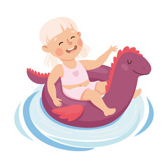 Obraz na płótnie Canvas Little Laughing Girl in Swimsuit Swimming with Rubber Ring Vector Illustration