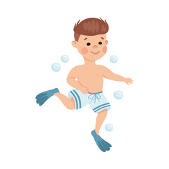 Little Boy in Flippers Swimming Underwater with Bubbles Vector Illustration