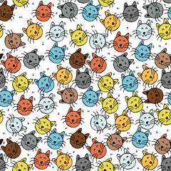 Fototapeta premium Seamless pattern with colorful cute cats. Doodle with cats on white background. Vintage pattern with cats icons, sweet elements background for your project, print for clothing or packaging.