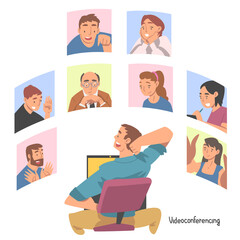 Fototapeta premium Videoconference and Web Meeting with People Characters Engaged in Online Communication in Real Time Vector Illustration