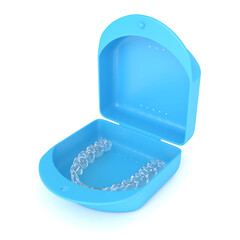 3d render of clear and removable aligner with case over white background - obrazy, fototapety, plakaty