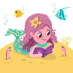 Little cute mermaid is reading book among her sea creatures. Vector hand drawn cartoon style illustration.