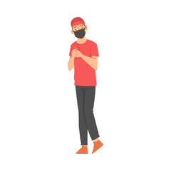 Man Volunteer in Red Cap Hand Out Leaflet Engaged in Charity Activity Vector Illustration