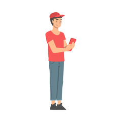 Man Volunteer in Red Cap Hand Out Leaflet Engaged in Charity Activity Vector Illustration