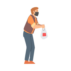 Man Volunteer in Face Mask with Food Bag Engaged in Charity Activity Donating It to Needy Vector Illustration