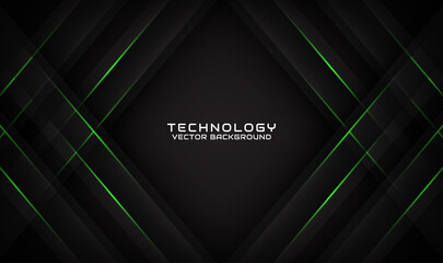 Abstract 3d black techno background overlap layers on dark space with geometry green lines decoration. Modern design template element future style for flyer, card, cover, brochure, or landing page