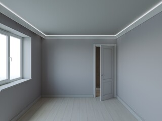 Empty interior. New room without decor and furniture. New living space. Apartment project. 3d rendering