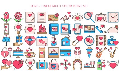 Multi-color Love icons set in thin black outline style, modern minimalist pictograms for mobile UI or UX kit, infographics and web sites. include heart, cupid, flower. EPS 10 ready convert to SVG.