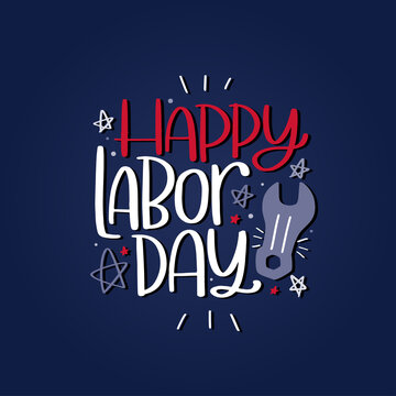 Happy Labor day lettering with work symbol tool and stars clipart. Greeting banner with typography sign for American federal holiday in September.