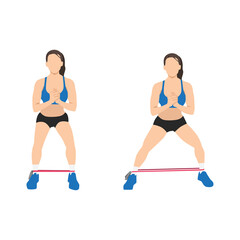 Woman doing Resistance band side steps exercise. Flat vector illustration isolated on white background
