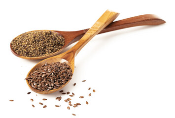 pile of flax seeds in a wooden spoon isolated on a white background.Protein food.