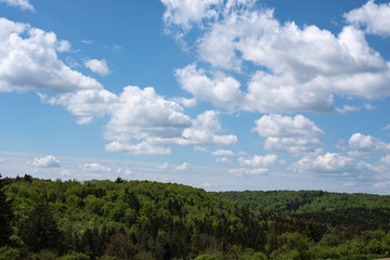 Fototapeta na wymiar blue sky with white clouds over a hilly forest