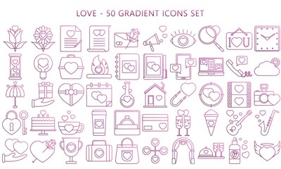 Love gradient icons set, modern minimalist pictograms for mobile UI or UX kit, infographics and web sites. include heart, cupid, flower. EPS 10 ready convert to SVG.