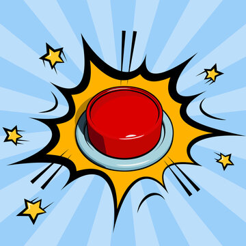 Big red push button in comic cartoon style. Vector illustration