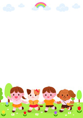 Obraz na płótnie Canvas Cute children holding hands and walking through the flower garden. Blank cute background for kindergarten notice.