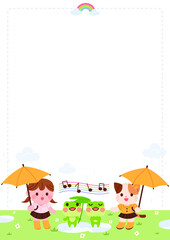 A frog singing on a rainy day and cute children watching it. Blank cute background for kindergarten notice.