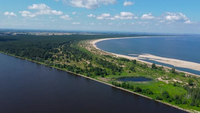 Aerial view on nature reserve Mewia Lacha between vistula river and Baltic Sea. Summer view on nature reserve on Sobieszewo island.