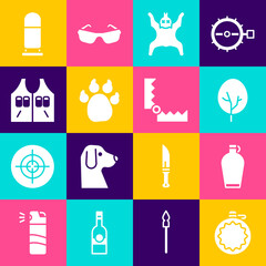 Set Canteen water bottle, Tree, Bear skin, Paw print, Hunting jacket, Bullet and Trap hunting icon. Vector