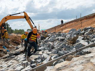 Worker installing riprap slope protection in a road construction project. Road slope protection...