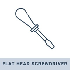 Flat-head screwdriver with plastic handle outline icon. Vector monochrome illustration isolated on white background. Hand construction tool for renovation work.