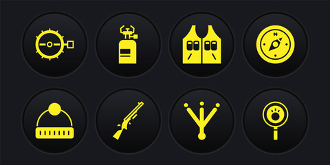 Set Winter hat, Compass, Shotgun, Bird footprint, Hunting jacket, Camping gas stove, Paw search and Trap hunting icon. Vector