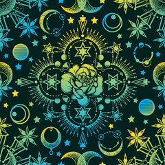 Vector illustration, Alchemy, magical astrology, spirituality and occultism, roses, Handmade, print on t-shirt, dark green  background, seamless pattern