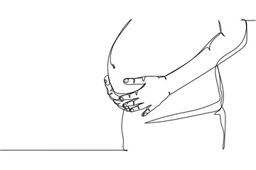Continuous one line of pregnant woman with her hands on it in silhouette on a white background. Linear stylized.Minimalist.