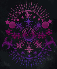 Vector illustration, Alchemy, magical astrology, spirituality and occultism, Handmade, print on t-shirt, tattoo, chalkboard background
