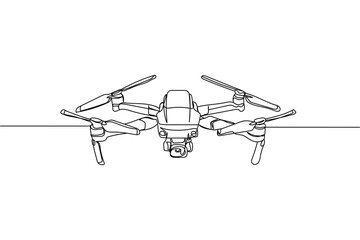 Continuous one line of quadcopter camera drone in silhouette on a white background. Linear stylized.Minimalist.