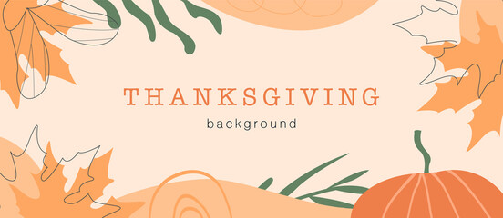 Fototapeta na wymiar Abstract horizontal Thanksgiving banner template. Trendy minimal background with autumnal leaves, pumpkin and geometric shapes. Vector border with copy space for text in flat style